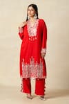 Buy_Gulabo By Abu Sandeep_Red Rayon Metallic Thread V-neck Applique Work Kali Kurta With Pant _at_Aza_Fashions