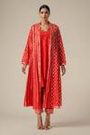 Buy_Gulabo by Abu Sandeep_Red Modal Chanderi Embroidered Gota Lace V-neck Geometric Coat And Tunic Set _at_Aza_Fashions