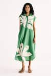 Buy_Kharakapas_Green Cotton Mul Printed Maple Leaf Shirt Collar Dress _at_Aza_Fashions