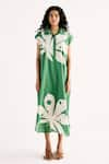 Kharakapas_Green Cotton Mul Printed Maple Leaf Shirt Collar Dress _Online_at_Aza_Fashions