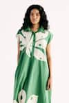 Buy_Kharakapas_Green Cotton Mul Printed Maple Leaf Shirt Collar Dress _Online_at_Aza_Fashions