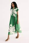 Kharakapas_Green Cotton Mul Printed Maple Leaf Shirt Collar Dress _at_Aza_Fashions