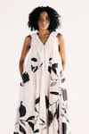 Kharakapas_Off White Cotton Mul Printed Floral V-neck Jewel Eden Jumpsuit _Online_at_Aza_Fashions