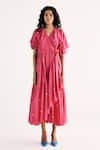 Kharakapas_Pink Cotton Mul Printed Polka Dot V-neck Wrap Ruffle Dress _Online_at_Aza_Fashions