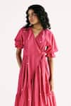 Buy_Kharakapas_Pink Cotton Mul Printed Polka Dot V-neck Wrap Ruffle Dress _Online_at_Aza_Fashions