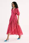 Shop_Kharakapas_Pink Cotton Mul Printed Polka Dot V-neck Wrap Ruffle Dress _Online_at_Aza_Fashions