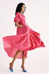 Buy_Kharakapas_Pink Cotton Mul Printed Polka Dot V-neck Wrap Ruffle Dress 