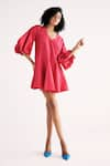 Buy_Kharakapas_Pink Poplin Plain V-neck Flamingo Blaze Dress _at_Aza_Fashions