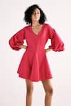 Shop_Kharakapas_Pink Poplin Plain V-neck Flamingo Blaze Dress _at_Aza_Fashions