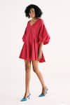 Kharakapas_Pink Poplin Plain V-neck Flamingo Blaze Dress _Online_at_Aza_Fashions