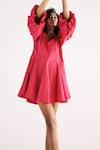 Kharakapas_Pink Poplin Plain V-neck Flamingo Blaze Dress _at_Aza_Fashions