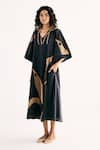 Kharakapas_Black Cotton Mul Printed Palm Leaf V-neck Paradise Pop Dress _Online_at_Aza_Fashions