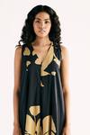 Kharakapas_Black Cotton Mul Print Floral V Neck Treasure Island Jumpsuit _Online_at_Aza_Fashions