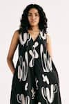 Kharakapas_Black Cotton Mul Print Cactus V Neck Jumpsuit _Online_at_Aza_Fashions