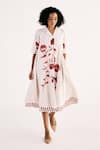 Buy_Kharakapas_Off White Cotton Mul Embroidery Lace Lapel Collar Wild Rose Print Shirt Dress _at_Aza_Fashions