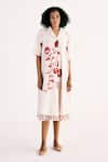 Kharakapas_Off White Cotton Mul Embroidery Lace Lapel Collar Wild Rose Print Shirt Dress _Online_at_Aza_Fashions