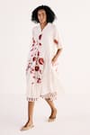 Buy_Kharakapas_Off White Cotton Mul Embroidery Lace Lapel Collar Wild Rose Print Shirt Dress _Online_at_Aza_Fashions