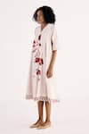 Shop_Kharakapas_Off White Cotton Mul Embroidery Lace Lapel Collar Wild Rose Print Shirt Dress _Online_at_Aza_Fashions