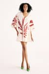 Buy_Kharakapas_Off White Cotton Mul Print Floral V-neck Garnet Grove Godet Flared Dress _at_Aza_Fashions