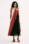 Buy_Kharakapas_Red Cotton Mul One Shoulder Horizon Gradient Pattern Asymmetric Dress _at_Aza_Fashions