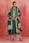 Buy_Sue Mue_Green Handwoven Silk Chanderi Embroidery Aari Notched Yaman Kurta Set _at_Aza_Fashions