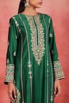 Sue Mue_Green Handwoven Silk Chanderi Embroidery Aari Notched Yaman Kurta Set _Online_at_Aza_Fashions