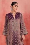 Sue Mue_Purple Handwoven Cotton Tissue Embroidery Dori Sakina Floral Panelled Kurta Set _Online_at_Aza_Fashions