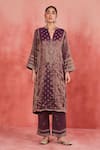 Sue Mue_Purple Handwoven Cotton Tissue Embroidery Dori Sakina Floral Panelled Kurta Set _at_Aza_Fashions