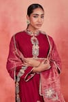 Sue Mue_Red Handwoven Silk Chanderi Embroidery Siham Floral Panelled Kurta Pant Set _at_Aza_Fashions