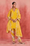 Buy_Sue Mue_Yellow Handwoven Silk Chanderi Embroidery Aari V Neck Aala Kurta Set _at_Aza_Fashions