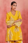 Buy_Sue Mue_Yellow Handwoven Silk Chanderi Embroidery Aari V Neck Aala Kurta Set _Online_at_Aza_Fashions