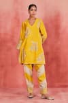 Shop_Sue Mue_Yellow Handwoven Silk Chanderi Embroidery Aari V Neck Aala Kurta Set 