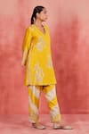 Sue Mue_Yellow Handwoven Silk Chanderi Embroidery Aari V Neck Aala Kurta Set _Online