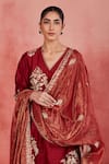 Sue Mue_Red Handwoven Cotton Tissue Dupatta Embroidery Abda Floral Kurta Salwar Set _Online_at_Aza_Fashions