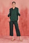 Buy_Sue Mue_Green Pure Linen Embroidery Thread Gia Floral Sleeve Kimono Shirt And Pant Set _at_Aza_Fashions