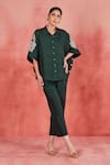 Shop_Sue Mue_Green Pure Linen Embroidery Thread Gia Floral Sleeve Kimono Shirt And Pant Set _Online_at_Aza_Fashions