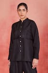 Sue Mue_Black Pure Linen Embroidery Thread Band Collar Avya Shirt And Pleated Pant Set _Online_at_Aza_Fashions