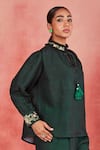 Sue Mue_Green Pure Linen Embroidery Thread Band Collar Jeeva Top And Pant Set _Online_at_Aza_Fashions