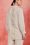 Shop_Sue Mue_Beige Pure Linen Embroidery Thread Tisya Floral Placement Shirt And Pant Set _Online_at_Aza_Fashions