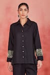 Sue Mue_Black Pure Linen Embroidery Thread Collar Uma Floral Sleeve Shirt And Pant Set _Online_at_Aza_Fashions