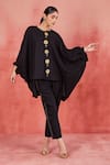 Buy_Sue Mue_Black Pure Linen Embroidery 3d Floral Ahana Placket Kaftan Top And Pant Set _Online_at_Aza_Fashions