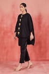 Sue Mue_Black Pure Linen Embroidery 3d Floral Ahana Placket Kaftan Top And Pant Set _at_Aza_Fashions