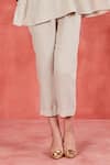 Shop_Sue Mue_Beige Pure Linen Embellished Lace Mandarin Collar Aria Top And Pant Set _Online_at_Aza_Fashions