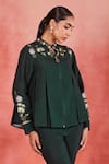 Sue Mue_Green Pure Linen Embroidery Thread Bini Floral Yoke Top And Flared Pant Set _Online_at_Aza_Fashions