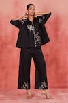 Buy_Sue Mue_Black Pure Linen Embroidery Thread Collar Eka Shirt And Pant Set _at_Aza_Fashions