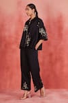 Sue Mue_Black Pure Linen Embroidery Thread Collar Eka Shirt And Pant Set _at_Aza_Fashions