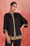 Sue Mue_Black Pure Linen Embroidery Resham Band Collar Kiya Placement Shirt And Pant Set _Online_at_Aza_Fashions