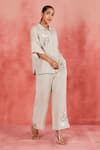 Sue Mue_Beige Pure Linen Embroidery Thread Lara Floral Placement Shirt And Pant Set _at_Aza_Fashions