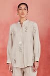 Sue Mue_Beige Pure Linen Embroidery Thread Mandarin Collar Vara Garden Shirt And Pant Set _Online_at_Aza_Fashions