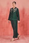 Sue Mue_Green Pure Linen Embroidery Thread Collar Yana Floral Shirt And Pant Set _at_Aza_Fashions